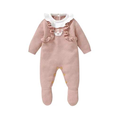 Baby Romper Patchwork Waffle Crown Ruffle Pink Mimixiong​